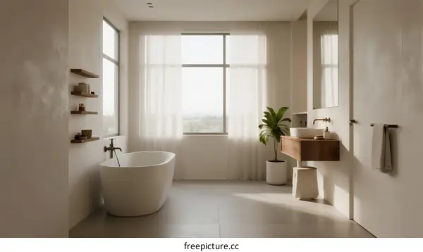 Modern Minimalist Bathroom with Freestanding Tub and Large Window