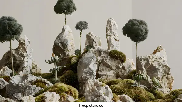 Stone Landscape with Green Plants