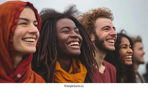 A group of diverse people are smiling and laughing together.