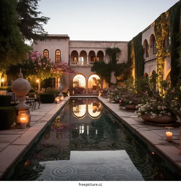 Courtyard with a pool and a reflection of the sky