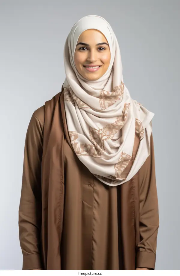 Young middle eastern woman wearing brown hijab and brown dress smiling at the camera