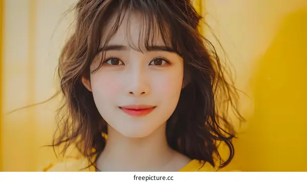 Close Up Portrait of Young Asian Woman with Brown Hair and Yellow Background