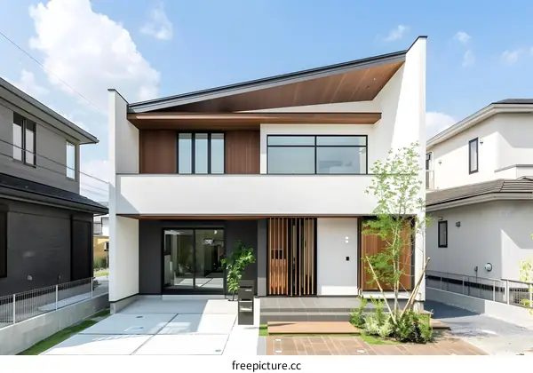 Modern White House with Wooden Roof and Green Plants