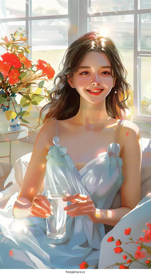An illustration of a beautiful Asian woman in a white dress sitting on a bed and smiling