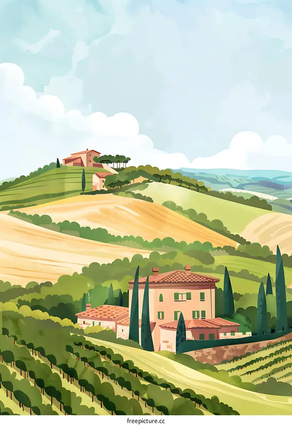 Tuscan Landscape Illustration with Houses and Vineyards