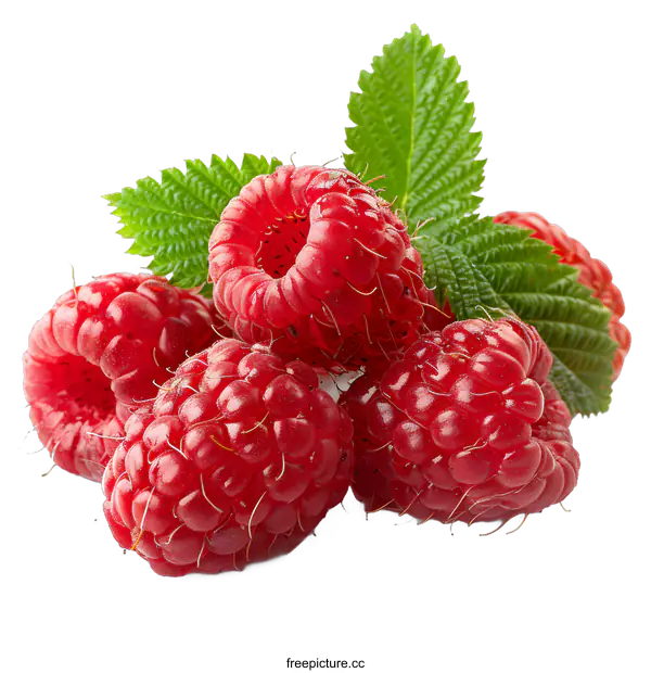[Transparent Background PNG]Fresh raspberries with green leaves isolated on white background
