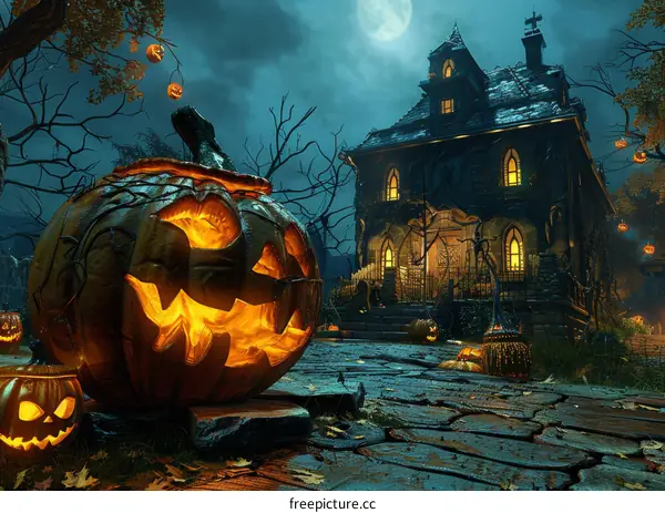 Spooky and Haunted House with Scary Pumpkins in the Yard