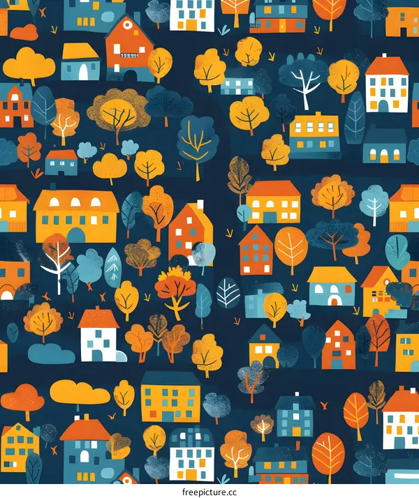 Colorful Village Illustration with Houses and Trees