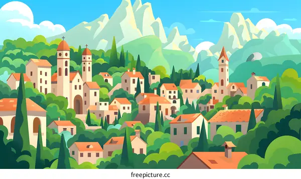 Illustrated European Village Landscape with Mountains and a Blue Sky