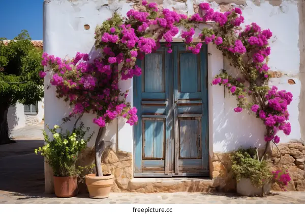 Blue door with pink flowers