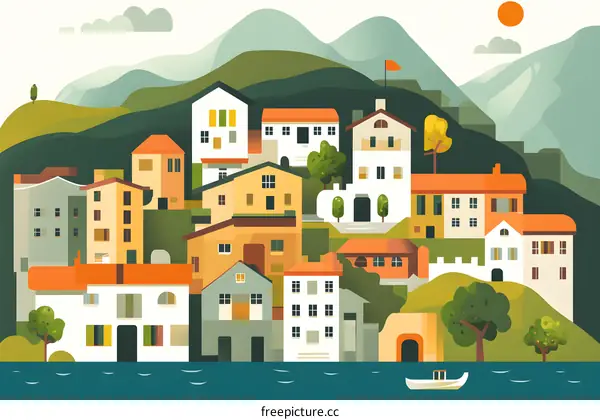 Colorful Illustration of a Small Town with Houses and Mountains