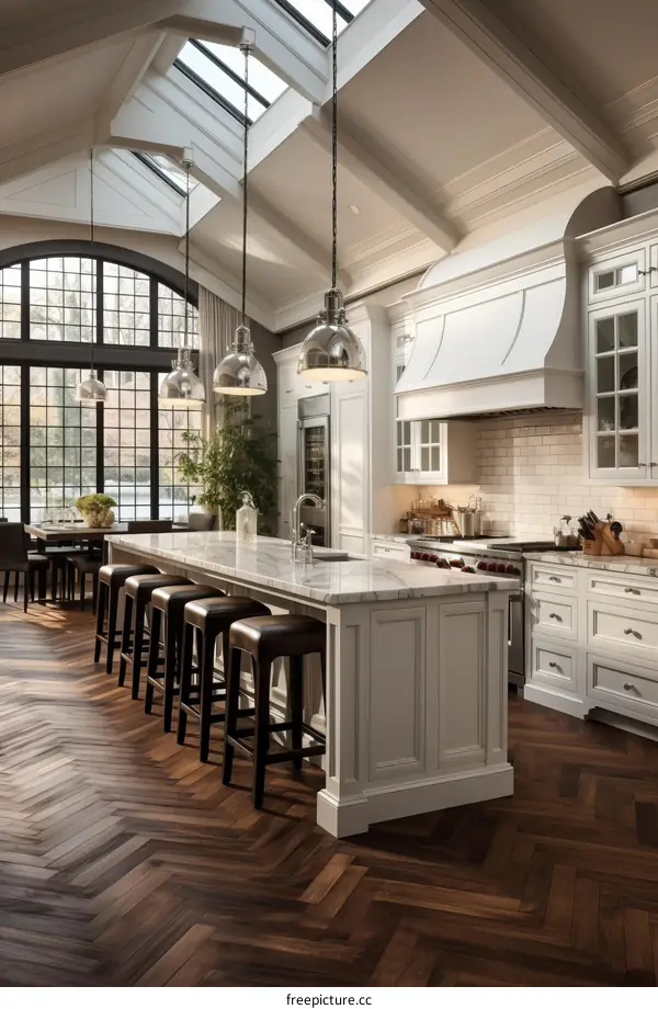 Modern Kitchen Interior Design With Large Windows And Hardwood Floors