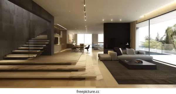 Modern minimalist open concept house interior design