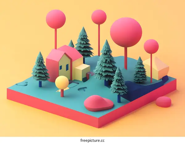 Low Poly 3D Render of a Cute Little House in a Forest