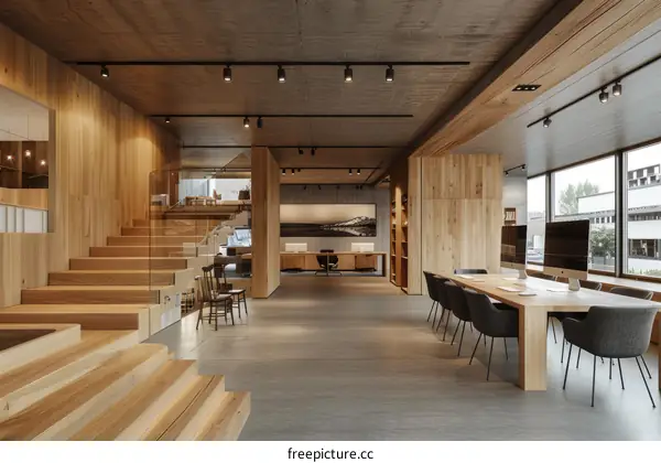 Modern Office Interior with Wooden Accents and Contemporary Furnishings