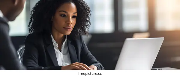African American Woman Using Laptop in Meeting