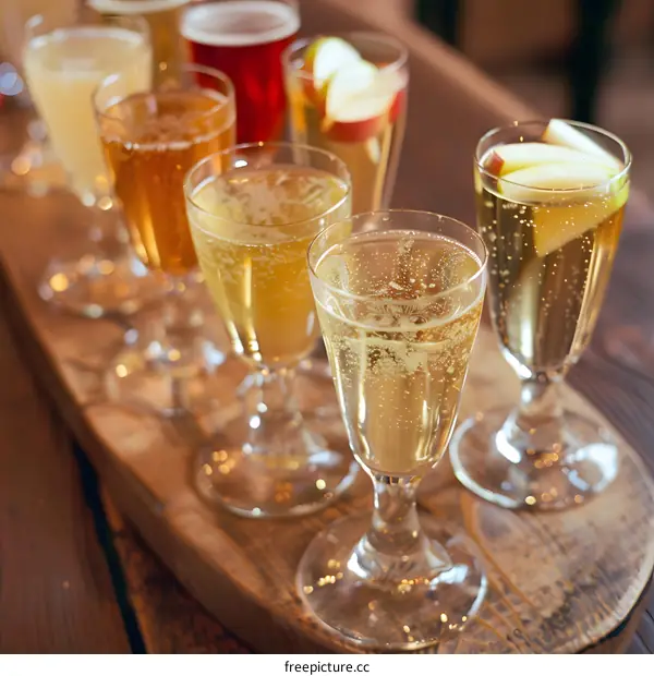 Glass of sparkling wine on wooden board