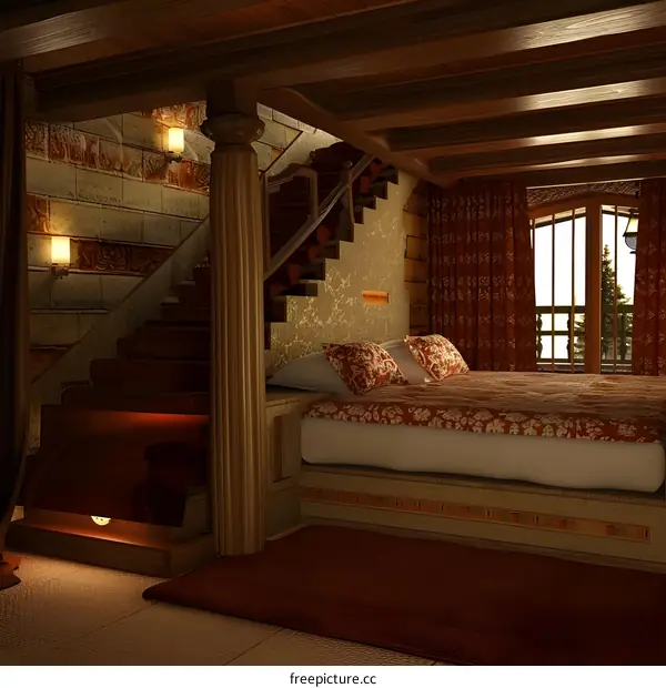 Rustic Bedroom Interior Design With Wooden Stairs And Red Curtains