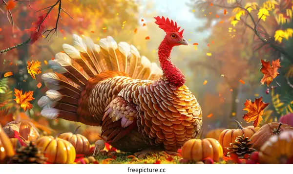 A majestic turkey stands in a field of pumpkins and fall leaves.
