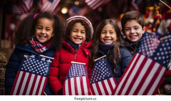 Four happy children of different ethnicities waving American flags