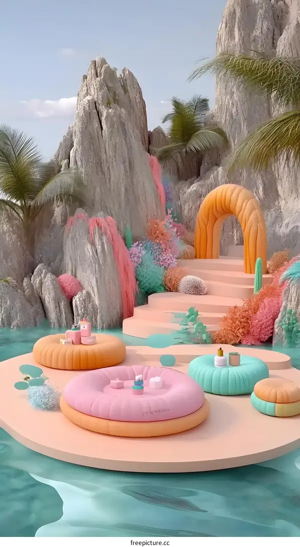 Abstract Tropical Landscape With Pastel Colors and Pillows