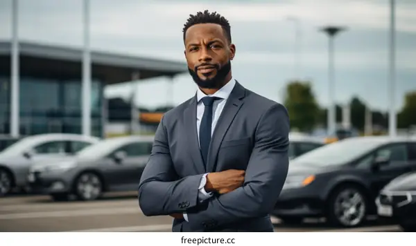 Portrait of a successful African American businessman standing in a car dealership with his arms crossed