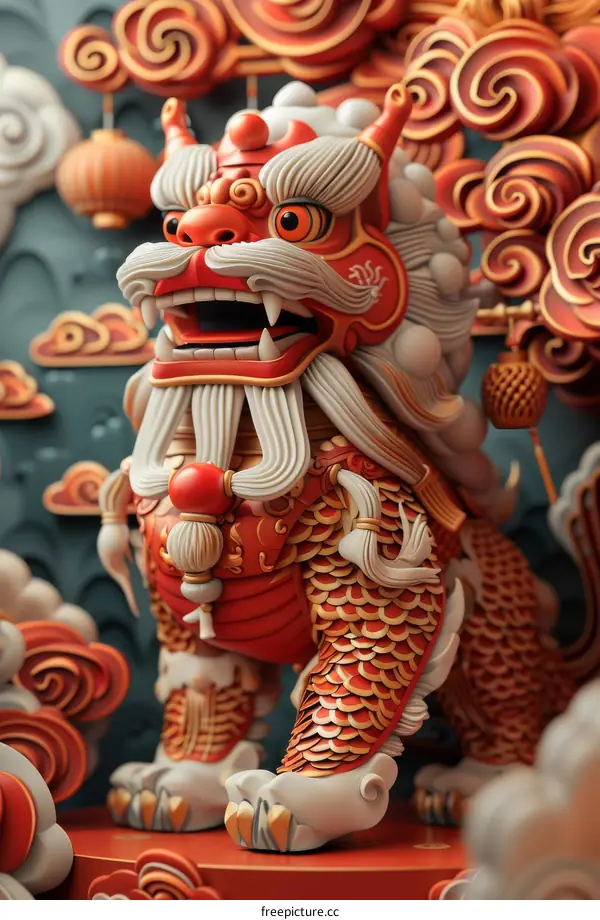 Red and Gold Chinese Lion Statue With Fur Around Mouth