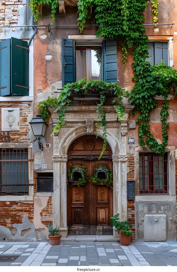 ornate wooden door with green plants growing above