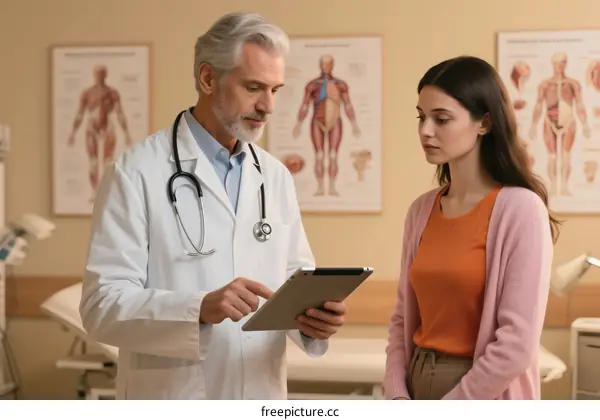 Doctor discussing medical condition with female patient in clinic