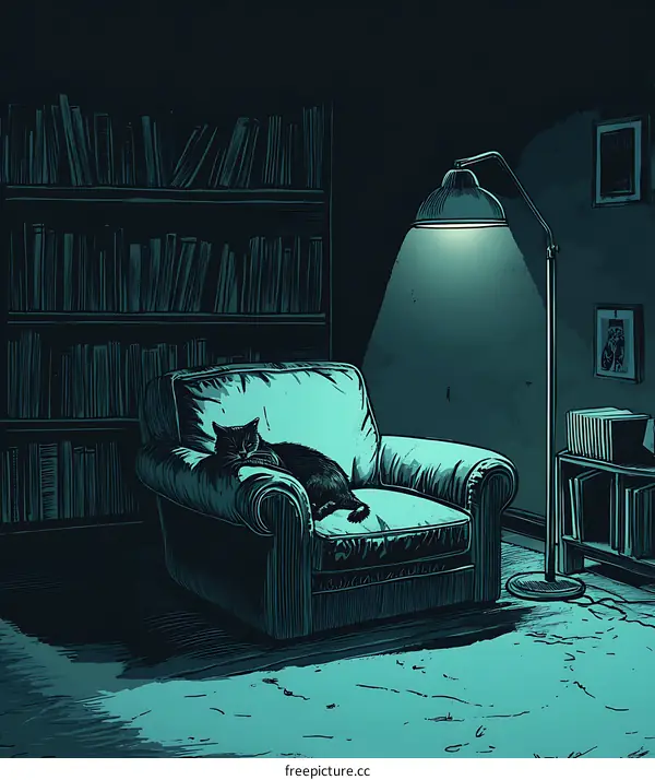 Black Cat Sleeping In An Armchair In A Room With Bookshelves And A Lamp