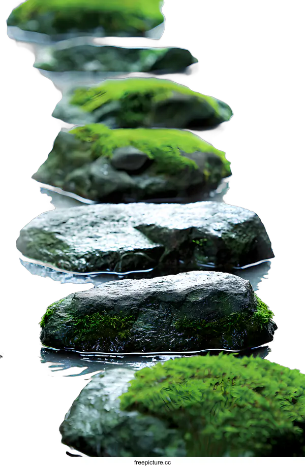 [Transparent Background PNG]Stepping Stones Path Moss Covered Rocks Green Water Background