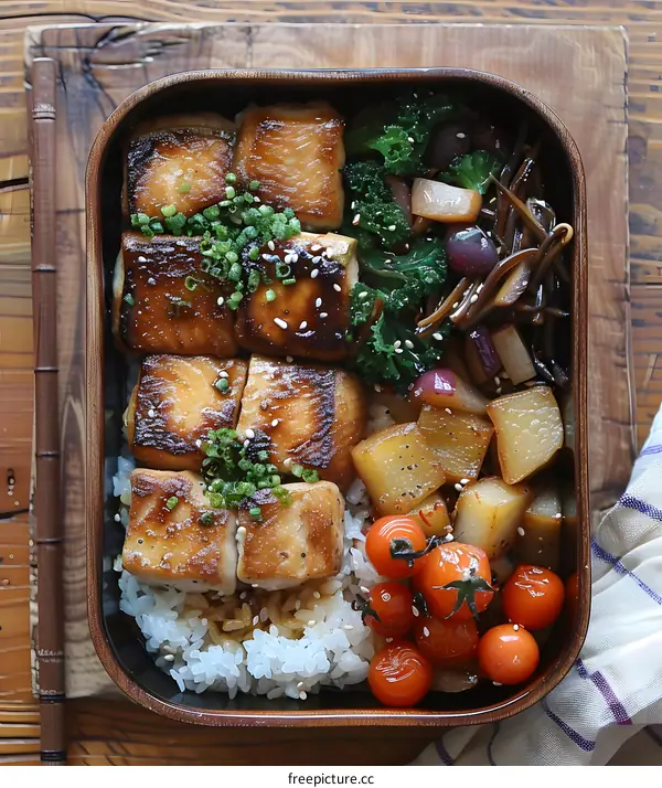 A delicious and healthy bento box with grilled fish, vegetables, and rice