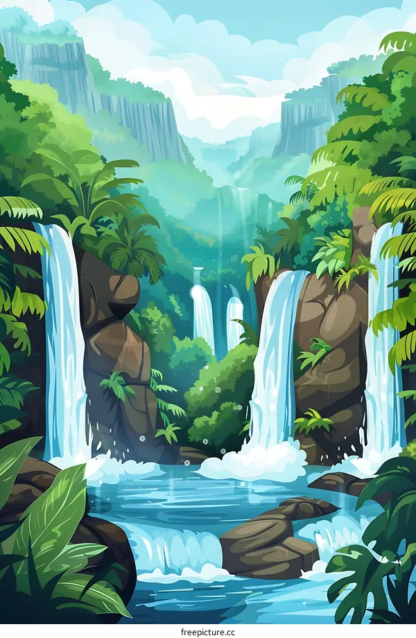 Waterfall in Lush Green Jungle