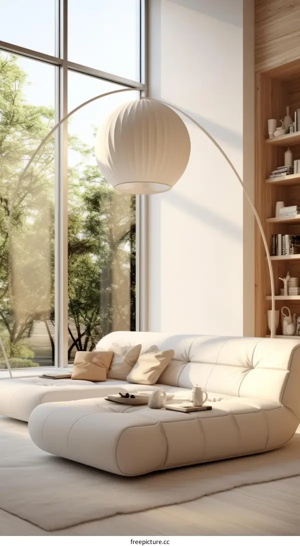 A bright and airy living room with a large window and a comfortable sofa