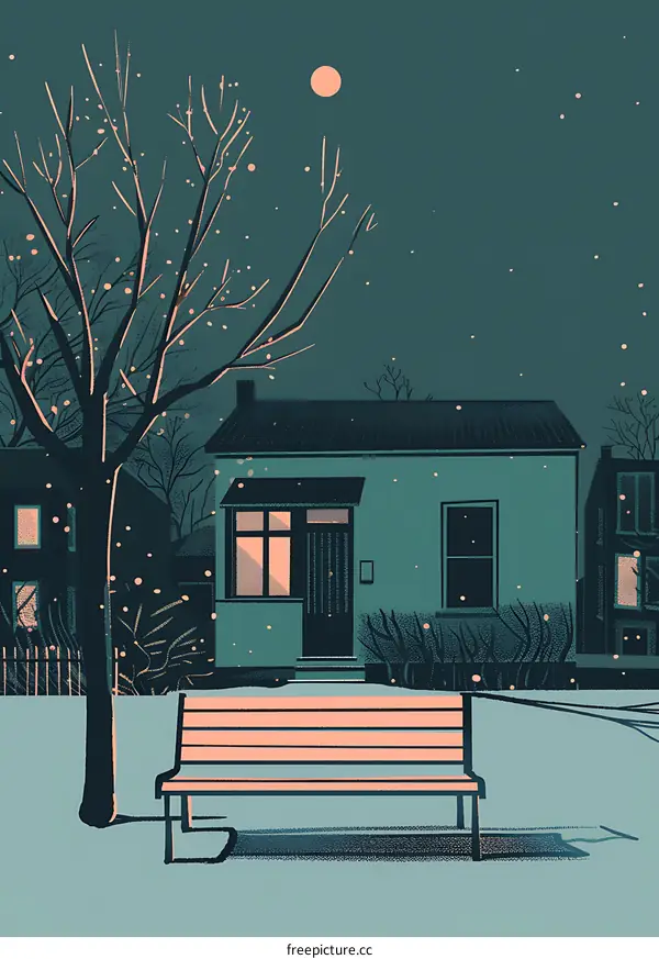 Snowy Night with a Bench and a House