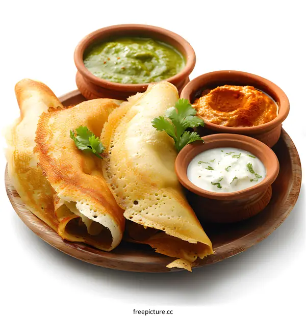 Indian food dosa with sambar and chutney