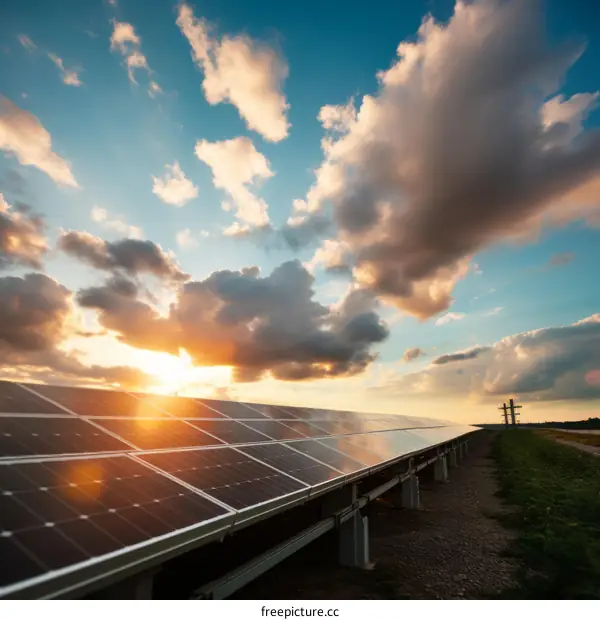 A large solar farm with blue sky and white clouds in the background