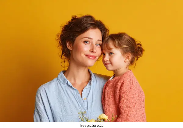 Happy mother holding little daughter against yellow background