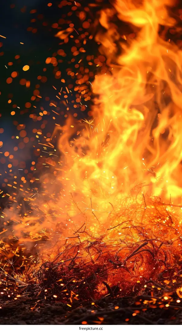 Flames and sparks rise from a bonfire