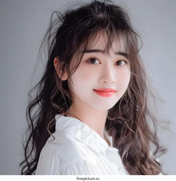 Young Asian Woman with Long Hair and White Shirt