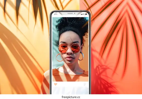 Woman in Sunglasses Taking a Selfie on Phone with Palm Leaves in the Background