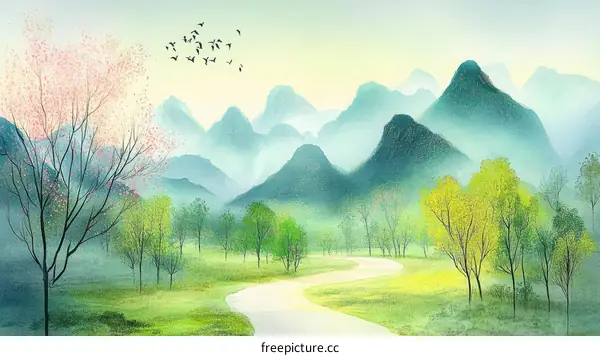 A Misty Mountain Landscape with Blooming Cherry Blossoms