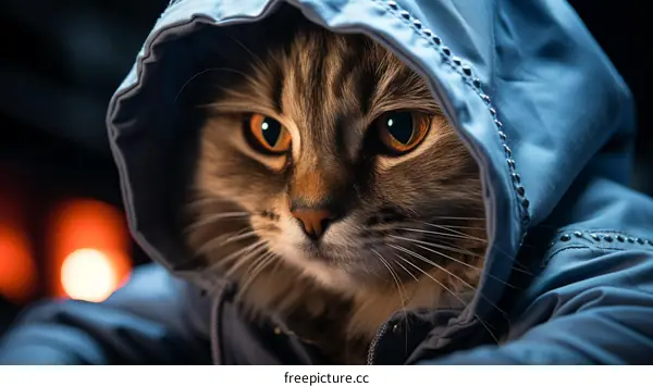 A cat wearing a blue and gray jacket with a hood