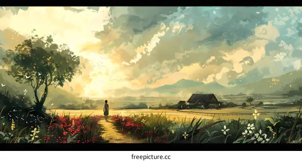 Woman Walking on a Path in a Rural Landscape