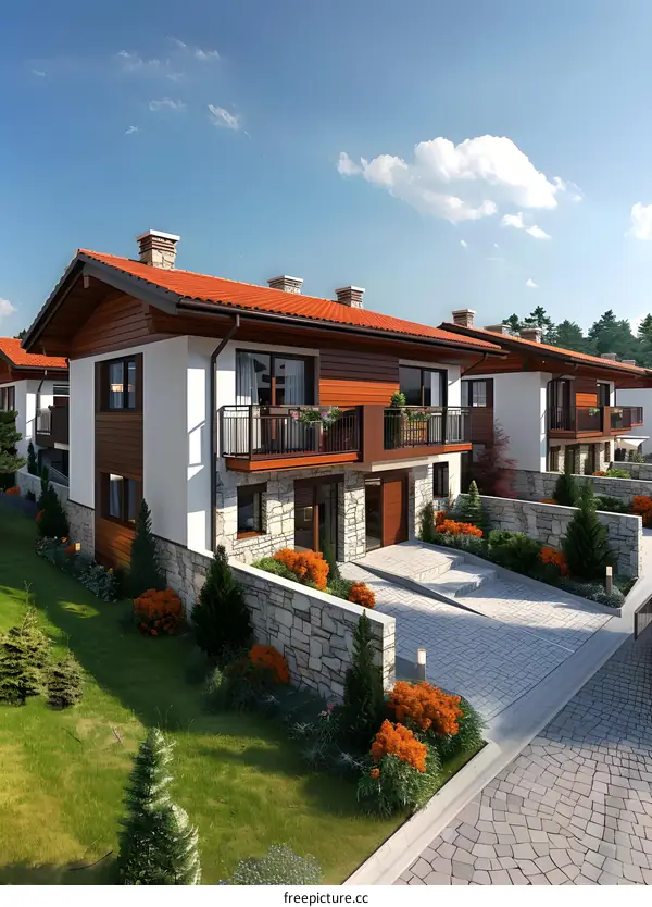A row of three-story townhouses with brick accents and large windows