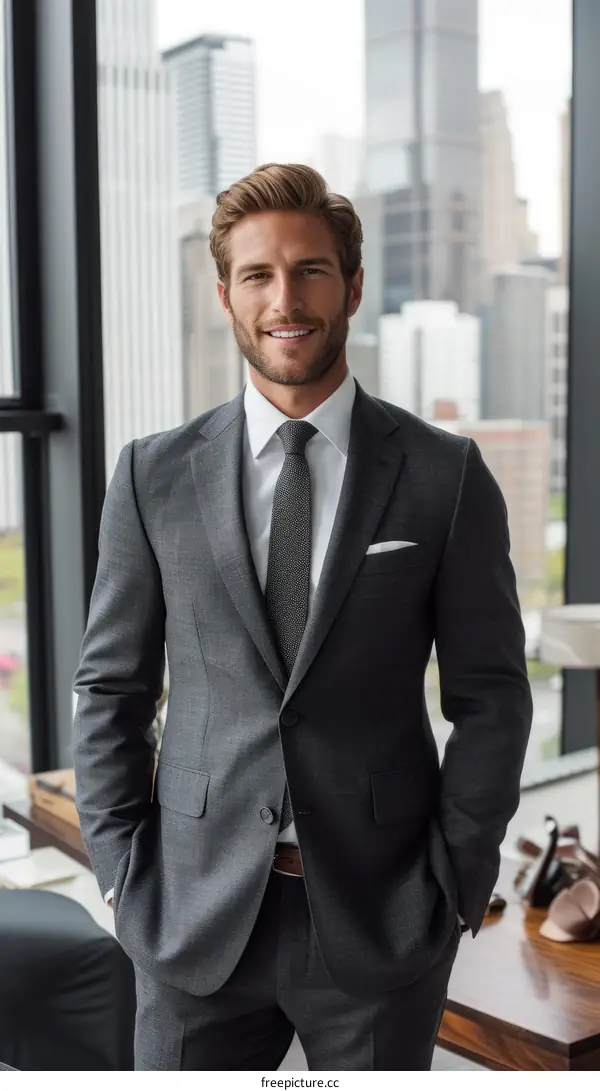 A young professional man in a suit standing in an office