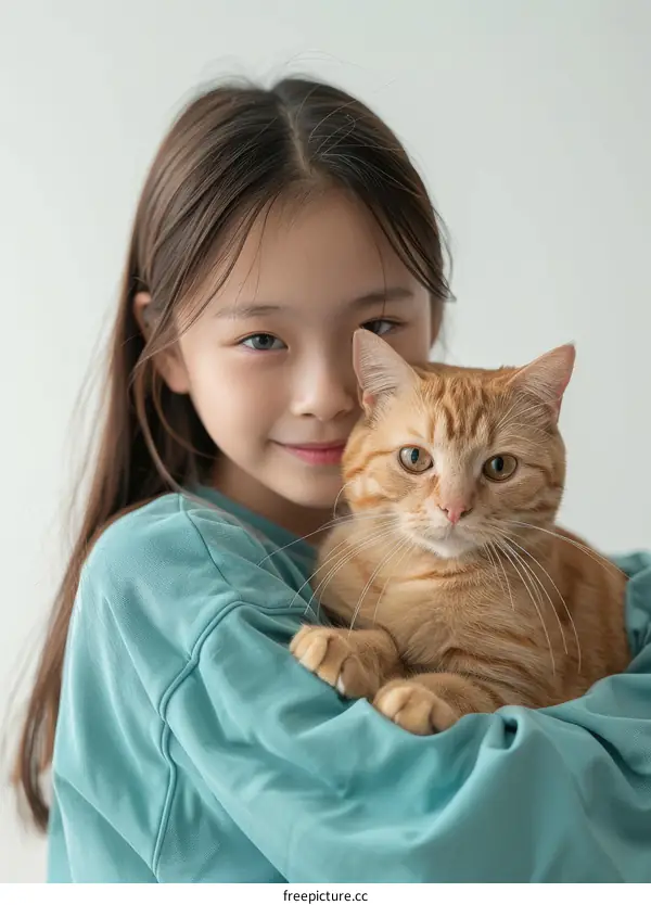A girl hugging an orange cat