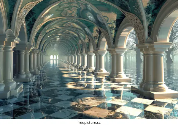 Flooded surreal palace hallway with chessboard marble floor