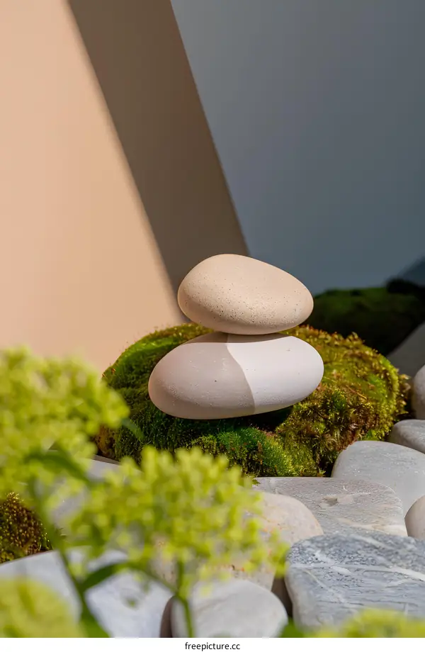 Stacked Stones on Mossy Ground with a Tan and Gray Background