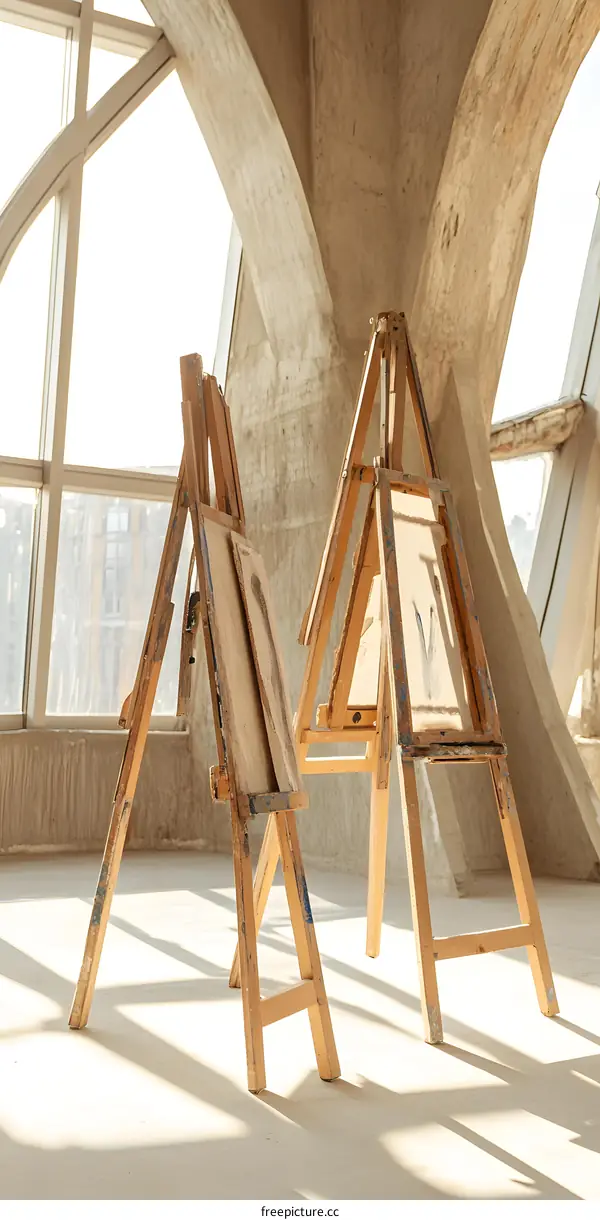 Wooden Art Easel In Empty Room With Large Window